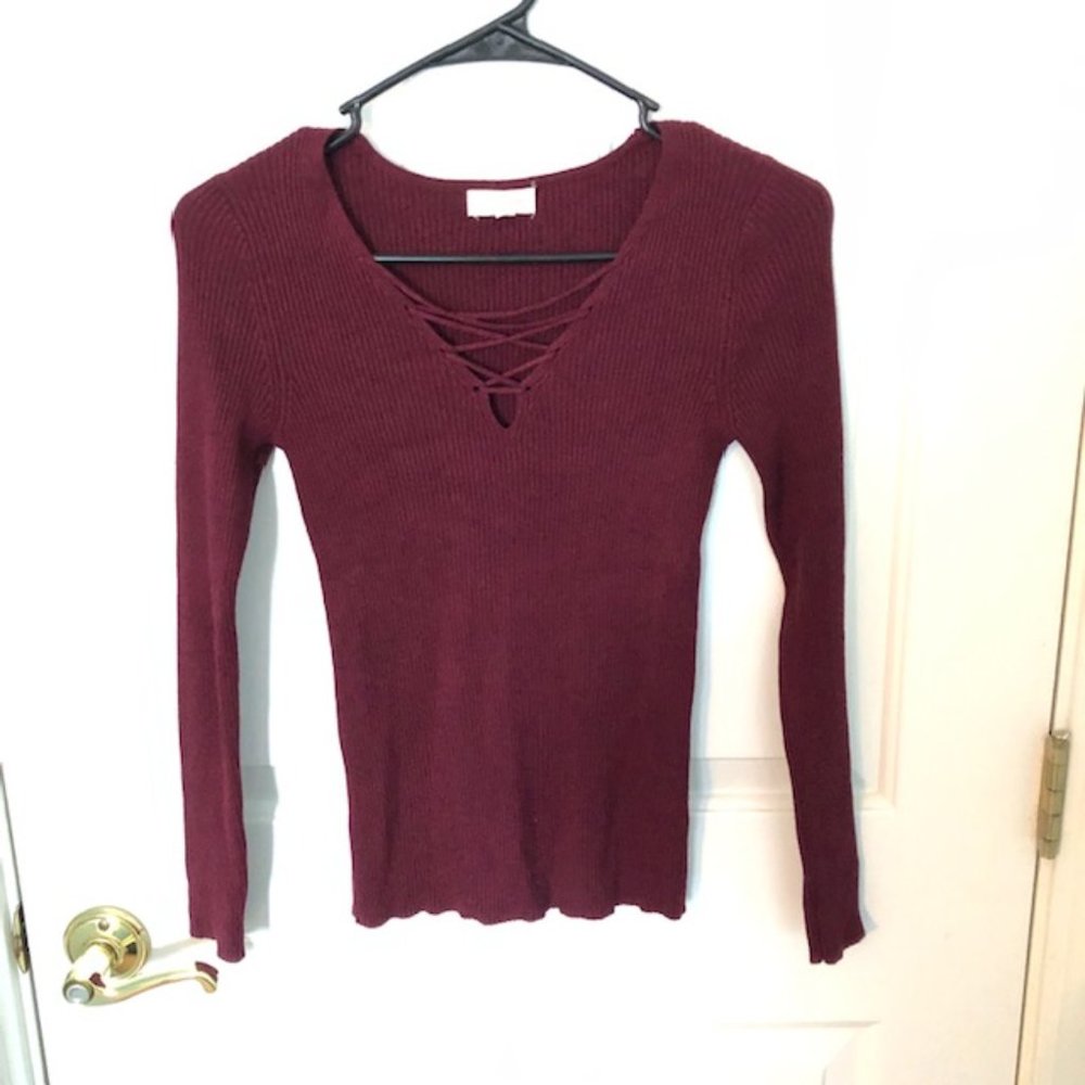 Ambiance Lace Up Sweater Burgundy Size S